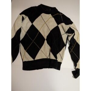 Vintage 90s Structure Argyle Knit Sweater Men's Crewneck Black Cream Beige Prepp
